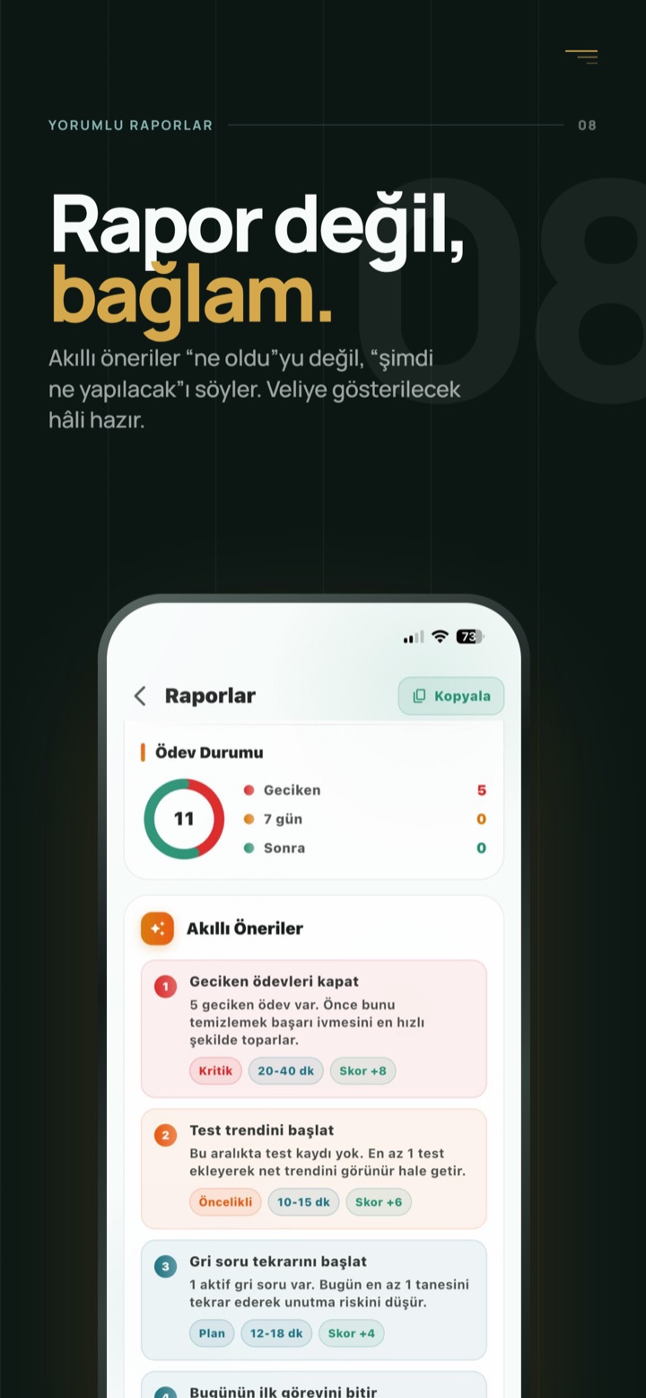 Yorumlu rapor ekranı ve veli görünürlüğü.