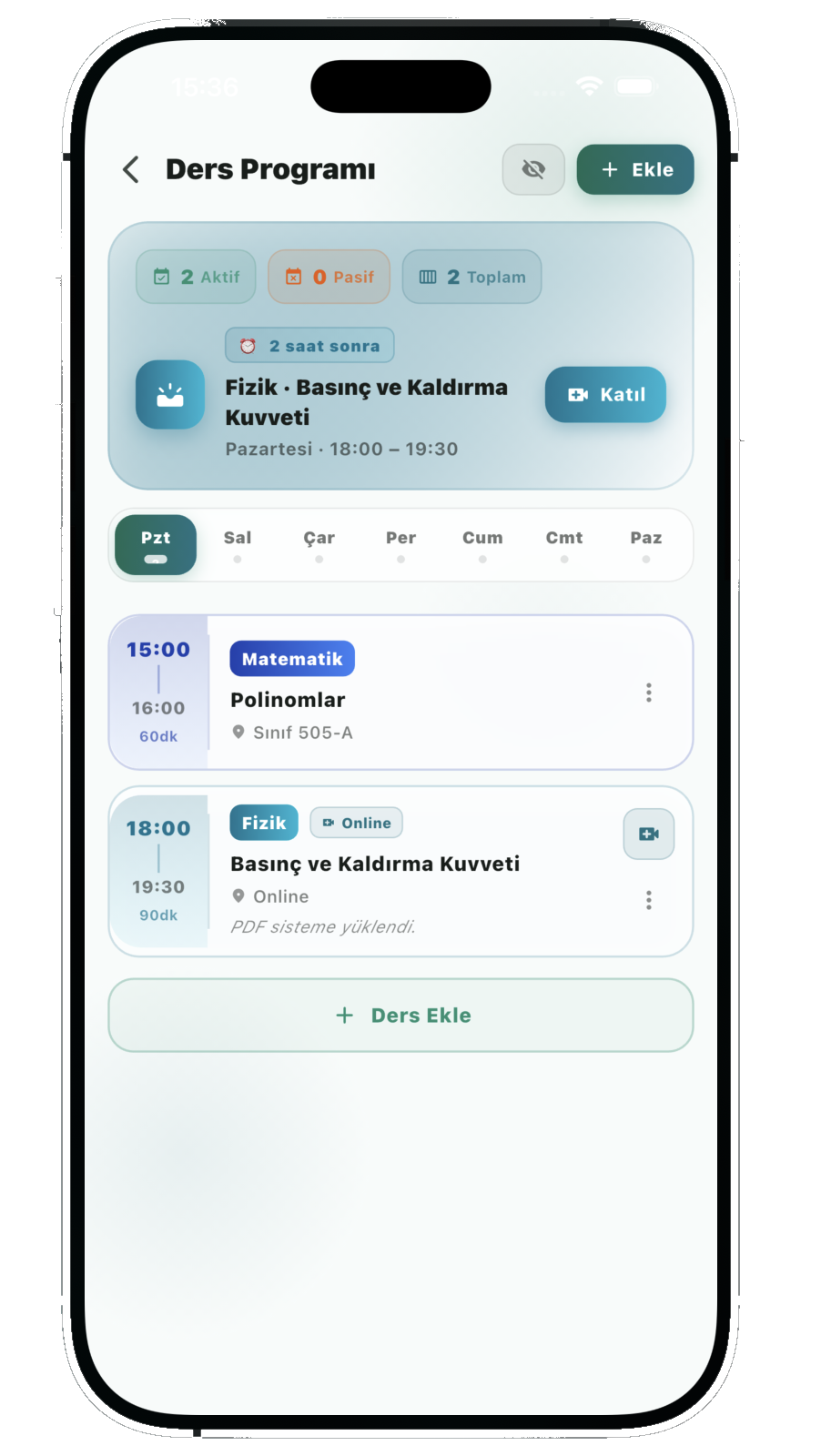 Haftalık ders programı ekranı